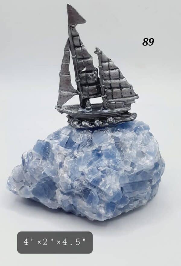 Pewter Sailboat On Blue Calcite Stone (U.V Reactive)