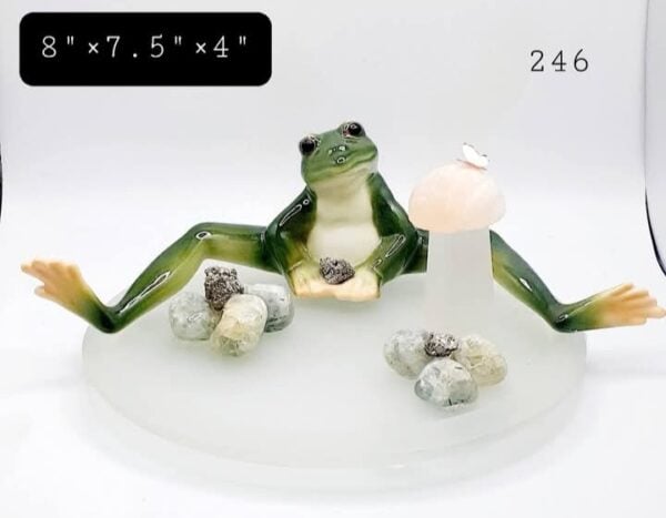Ceramic Frog w/Selenite Crystal Mushroom Copper Butterfly Prehnite Crystal/Pyrite Stone