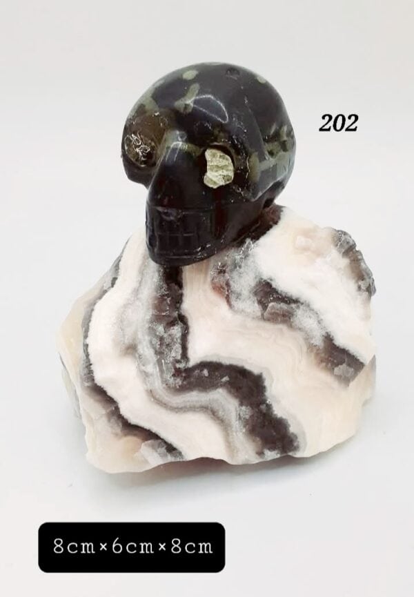 Green Jasper Stone Skull on Zebra Calcite Stone