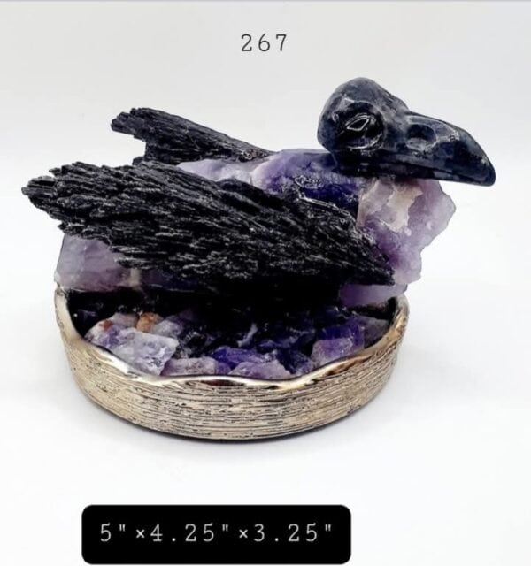 Larvikite Stone Raven Head w/Black Kyanite Stone Wings Amethyst Crystal Body Amethyst Crystal Eggs