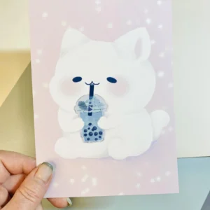 Pastel Boba Cat Art Print, Whimsy Art, Cat Lover, Collector, Kawaii