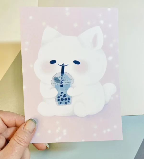 Pastel Boba Cat Art Print, Whimsy Art, Cat Lover, Collector, Kawaii
