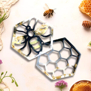 Bee Resin Art Coaster Set of 2 Handcrafted Honeycomb Resin Coaster Bee Lover Theme Handmade Gift Home Decor Functional Art Resin Coaster Set