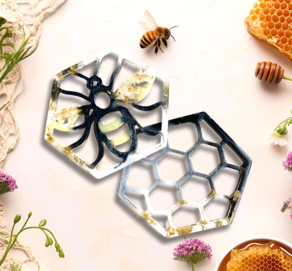 Bee Resin Art Coaster Set of 2 Handcrafted Honeycomb Resin Coaster Bee Lover Theme Handmade Gift Home Decor Functional Art Resin Coaster Set