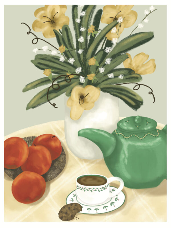 Cozy digital art print featuring a warm, inviting room with tea, soft lighting, and comforting details – perfect for cozy home decor or cottagecore wall art.