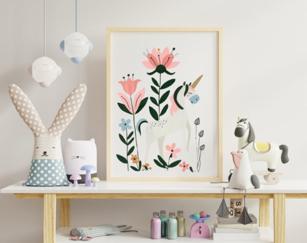 Unicorn Boho Flower Art Print Child Room Nursery Gift Baby Nesting Wall Art Child Room Personalized Embellished Art Print Home Decor