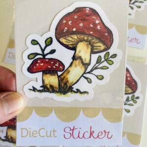 aesthetic cottagecore mushroom die-cut sticker with greenery