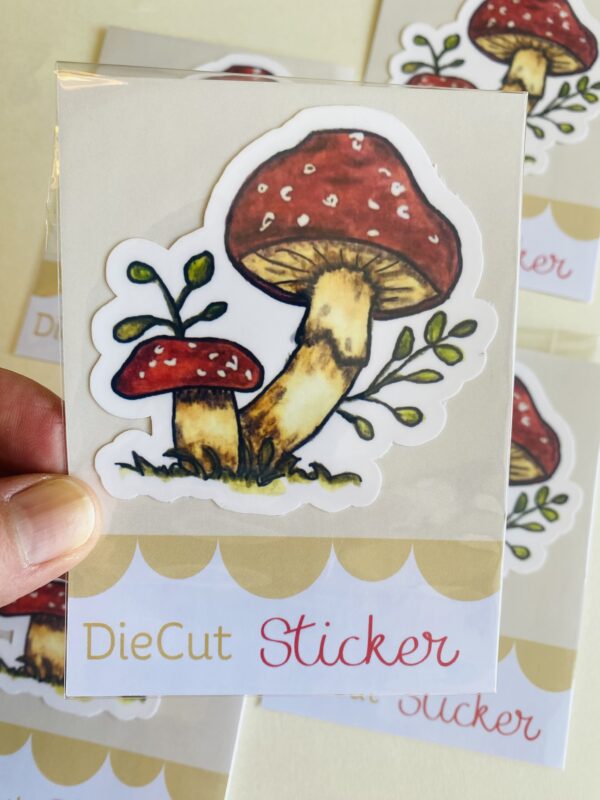 aesthetic cottagecore mushroom die-cut sticker with greenery