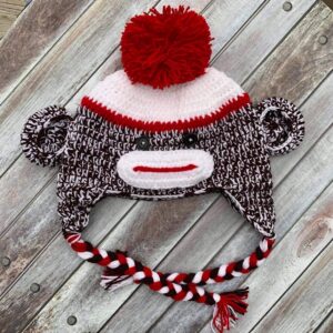 BROWN SOCK MONKEY HAT WITH RED POM POM (SIZE XL)