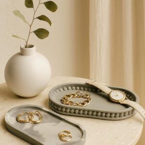 Beautiful handcrafted decorative concrete trinket tray, organic and natural to suit any home decor style. Larger tray has a beautiful beaded detail that elevates the tray. Great gift idea!