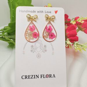 Real flowers pink bow earrings
