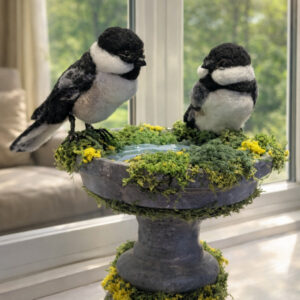 chickadees in birdbath