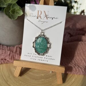 Teal stone look & silver framed pendant necklace