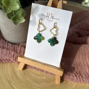 Green florals & gold heart charm earrings