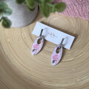 Silver & pink oval huggie charm earrings