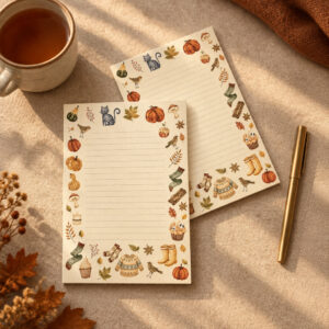 cozy lined 4x6 notepad with leaves, pumpkins, cat, bird, sweater, socks