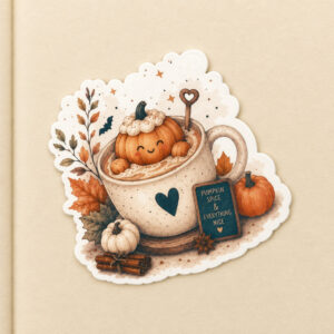 pumpkin spice sticker with a pumpkin sitting in a mug surroumded by other pumpkins and foliage